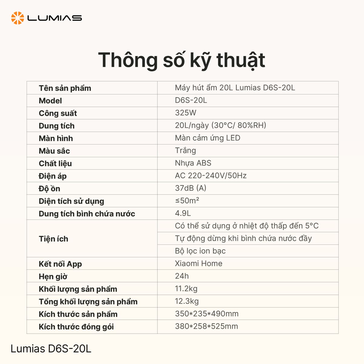 Thông số kỹ thuật của máy hút ẩm 20L Lumias D6S-20L